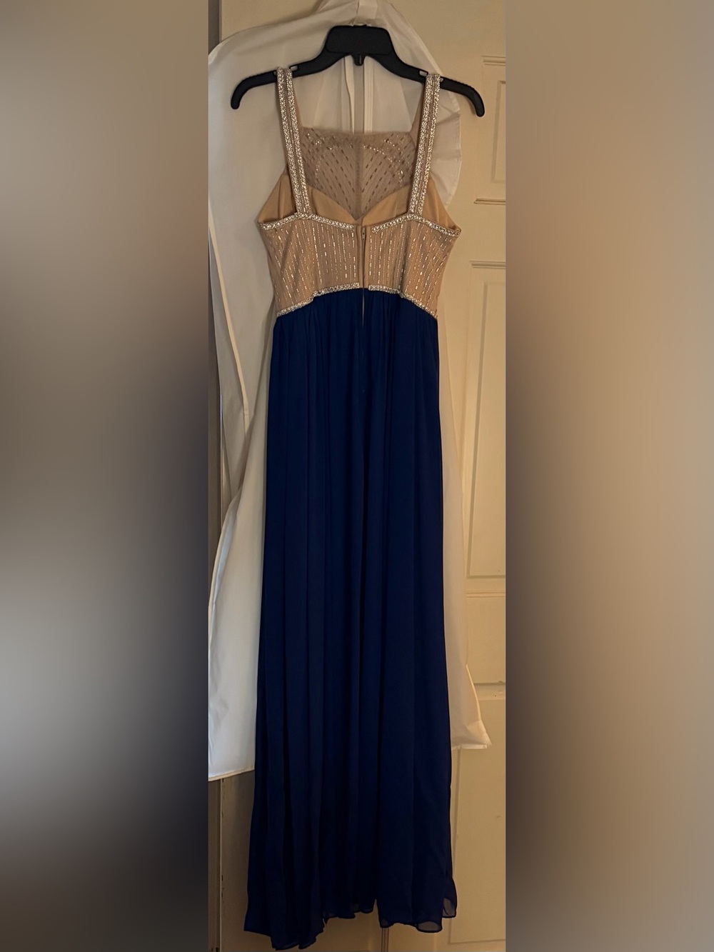 Beaded Beige Bodice and Navy Chiffon Prom Dress